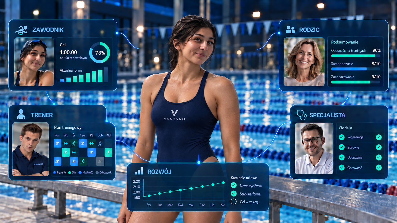 Swimming platform illustration. Behind every step forward stands a team.
